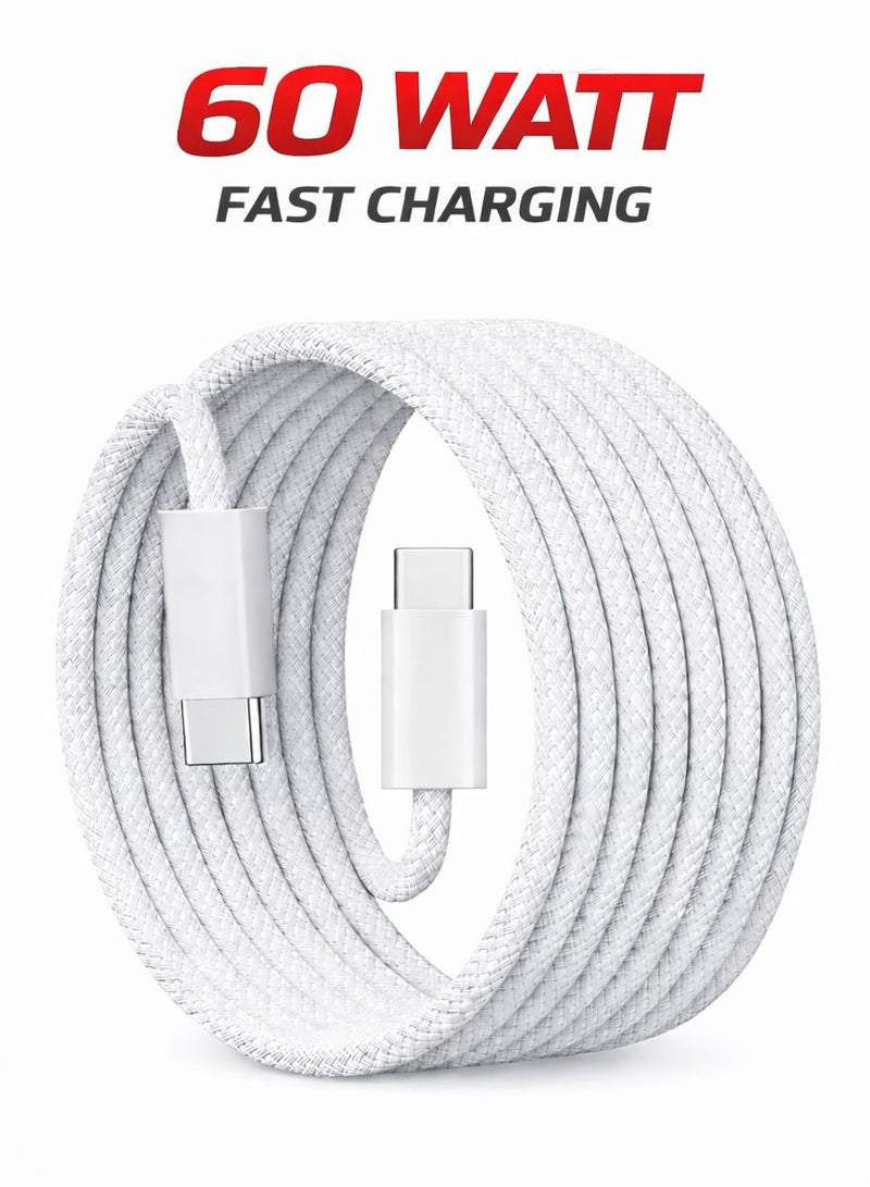 ايه كيه تي ستار كابل شحن سريع من نوع USB-C إلى USB-C بقوة 60 واط، مصنوع من النايلون المضفر، لنقل البيانات من النوع C المزدوج، USB-C 2.0، موصلات معززة، كابل شحن بطول متر واحد متوافق مع سلسلة iPhone 16/15، وSamsung Galaxy، وiPad/MacBook (متر واحد). - Image 1